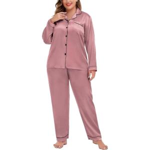 SWOMOG Womens Plus Size Pajamas Silky Pajama Set Button Down Sleepwear Classic Silk Pj Set Ladies Two Piece Loungewear Set(Misty Rose)