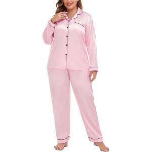 SWOMOG Womens Plus Size Pajamas Silky Pajama Set Button Down Sleepwear Classic Silk Pj Set Ladies Two Piece Loungewear Set(Pink)