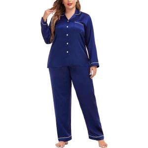 SWOMOG Womens Plus Size Pajamas Silky Pajama Set Button Down Sleepwear Classic Silk Pj Set Ladies Two Piece Loungewear Set(Pipping-berry Blue)