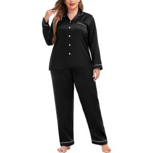 SWOMOG Womens Plus Size Pajamas Silky Pajama Set Button Down Sleepwear Classic Silk Pj Set Ladies Two Piece Loungewear Set(Pipping-carbon Black)