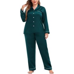 SWOMOG Womens Plus Size Pajamas Silky Pajama Set Button Down Sleepwear Classic Silk Pj Set Ladies Two Piece Loungewear Set(Pipping-deep Green)