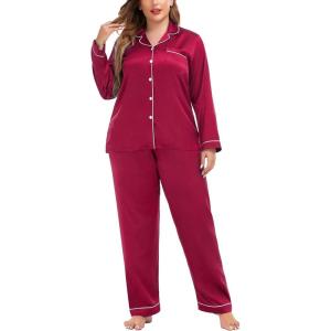 SWOMOG Womens Plus Size Pajamas Silky Pajama Set Button Down Sleepwear Classic Silk Pj Set Ladies Two Piece Loungewear Set(Red)