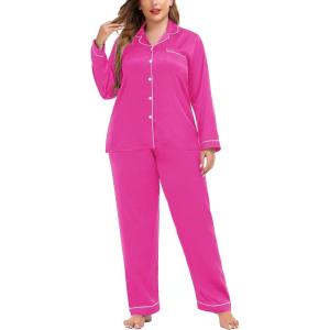 SWOMOG Womens Plus Size Pajamas Silky Pajama Set Button Down Sleepwear Classic Silk Pj Set Ladies Two Piece Loungewear Set(Rose Red)