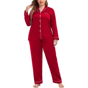 SWOMOG Womens Plus Size Pajamas Silky Pajama Set Button Down Sleepwear Classic Silk Pj Set Ladies Two Piece Loungewear Set(Scarlet Red)