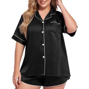 SWOMOG Women’s Plus Size Satin Pajama Set Short Sleeve 2 piece Pj Sets Sleepwear Silk Button Down Loungewear Pjs Shorts Set(Black)