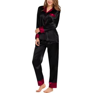 SWOMOG Womens Silk Satin Pajamas Set Long Sleeve Sleepwear Two Pieces Loungewear Set Button-Down Contrast Pjs Set(Black)