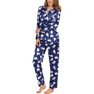 SWOMOG Womens Silk Satin Pajamas Set Long Sleeve Sleepwear Two Pieces Loungewear Set Button-Down Contrast Pjs Set(Blue Polar Bear)