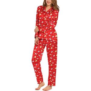 SWOMOG Womens Silk Satin Pajamas Set Long Sleeve Sleepwear Two Pieces Loungewear Set Button-Down Contrast Pjs Set(Christmas Red)