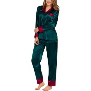 SWOMOG Womens Silk Satin Pajamas Set Long Sleeve Sleepwear Two Pieces Loungewear Set Button-Down Contrast Pjs Set(Deep Green)