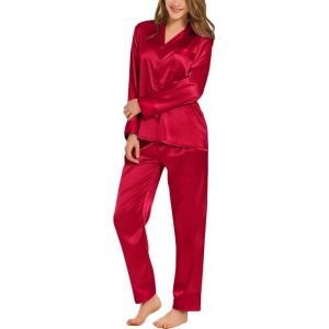 SWOMOG Womens Silk Satin Pajamas Set Long Sleeve Sleepwear Two Pieces Loungewear Set Button-Down Contrast Pjs Set(Red)