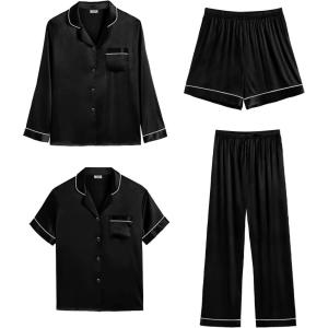 SWOMOG Womens Silk Satin Pajamas Sets 3pcs Short Sleeve Sleepwear Button Down Pjs Sets Loungewear Nightwear(4pcs-black)