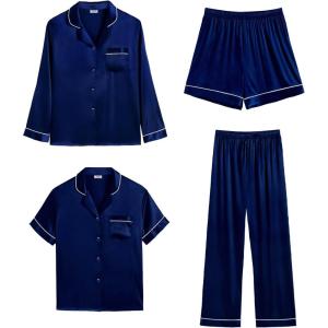 SWOMOG Womens Silk Satin Pajamas Sets 3pcs Short Sleeve Sleepwear Button Down Pjs Sets Loungewear Nightwear(4pcs-navy Blue)