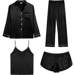 SWOMOG Womens Silk Satin Pajamas Sets 4pcs Loungewear Sexy Cami Shorts Set Button Down Long Sleeve Pjs Sleepwear(Long Sleeve Classic-black)