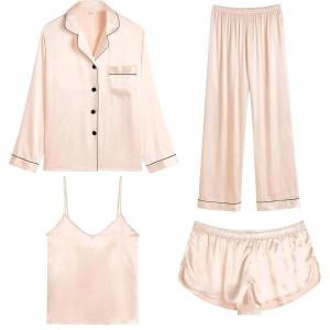 SWOMOG Womens Silk Satin Pajamas Sets 4pcs Loungewear Sexy Cami Shorts Set Button Down Long Sleeve Pjs Sleepwear(Long Sleeve Classic-champagne)