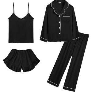 SWOMOG Womens Silk Satin Pajamas Sets 4pcs Loungewear Sexy Cami Shorts Set Button Down Long Sleeve Pjs Sleepwear(Long Sleeve-black)