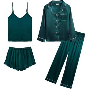 SWOMOG Womens Silk Satin Pajamas Sets 4pcs Loungewear Sexy Cami Shorts Set Button Down Long Sleeve Pjs Sleepwear(Long Sleeve-dark Green)