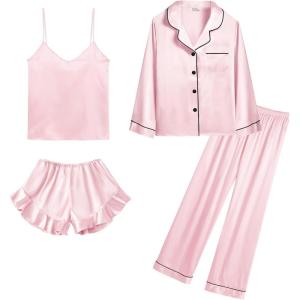 SWOMOG Womens Silk Satin Pajamas Sets 4pcs Loungewear Sexy Cami Shorts Set Button Down Long Sleeve Pjs Sleepwear(Long Sleeve-pink)