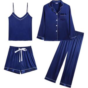 SWOMOG Womens Silk Satin Pajamas Sets 4pcs Loungewear Sexy Cami Shorts Set Button Down Long Sleeve Pjs Sleepwear(Navy Blue)