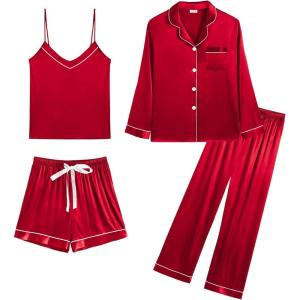 SWOMOG Womens Silk Satin Pajamas Sets 4pcs Loungewear Sexy Cami Shorts Set Button Down Long Sleeve Pjs Sleepwear(Red)