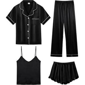 SWOMOG Womens Silk Satin Pajamas Sets 4pcs Loungewear Sexy Cami Shorts Set Button Down Long Sleeve Pjs Sleepwear(Short Sleeve-black)