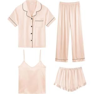 SWOMOG Womens Silk Satin Pajamas Sets 4pcs Loungewear Sexy Cami Shorts Set Button Down Long Sleeve Pjs Sleepwear(Short Sleeve-champagne)