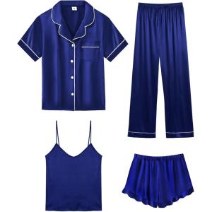 SWOMOG Womens Silk Satin Pajamas Sets 4pcs Loungewear Sexy Cami Shorts Set Button Down Long Sleeve Pjs Sleepwear(Short Sleeve-navy Blue)