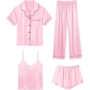 SWOMOG Womens Silk Satin Pajamas Sets 4pcs Loungewear Sexy Cami Shorts Set Button Down Long Sleeve Pjs Sleepwear(Short Sleeve-pink)