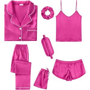 SWOMOG Womens Silk Satin Pajamas Sets 7pcs Sleepwear Sexy Cami Shorts Set and Button Down Short Sleeve Satin Pjs(Rose Red)