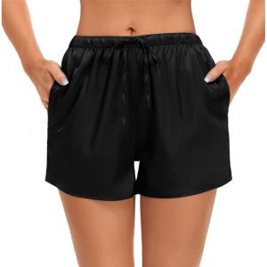 SWOMOG Women’s Silk Stain Pajama Shorts Pj Bottoms with Pockets Drawstring Sleep Shorts Boxer Soft Lounge Shorts(Black)