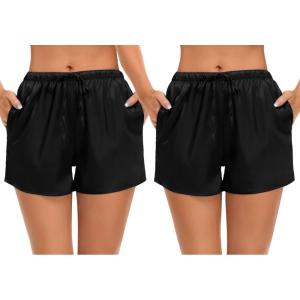 SWOMOG Women’s Silk Stain Pajama Shorts Pj Bottoms with Pockets Drawstring Sleep Shorts Boxer Soft Lounge Shorts(Black/Black)
