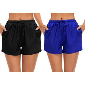 SWOMOG Women’s Silk Stain Pajama Shorts Pj Bottoms with Pockets Drawstring Sleep Shorts Boxer Soft Lounge Shorts(Black/Blue)