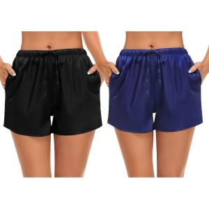SWOMOG Women’s Silk Stain Pajama Shorts Pj Bottoms with Pockets Drawstring Sleep Shorts Boxer Soft Lounge Shorts(Black/Navy Blue)