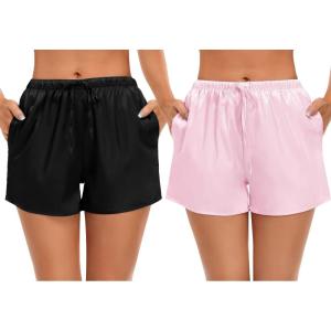 SWOMOG Women’s Silk Stain Pajama Shorts Pj Bottoms with Pockets Drawstring Sleep Shorts Boxer Soft Lounge Shorts(Black/Pink)