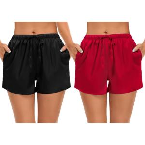 SWOMOG Women’s Silk Stain Pajama Shorts Pj Bottoms with Pockets Drawstring Sleep Shorts Boxer Soft Lounge Shorts(Black/Red)