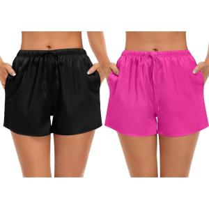 SWOMOG Women’s Silk Stain Pajama Shorts Pj Bottoms with Pockets Drawstring Sleep Shorts Boxer Soft Lounge Shorts(Black/Rose Red)