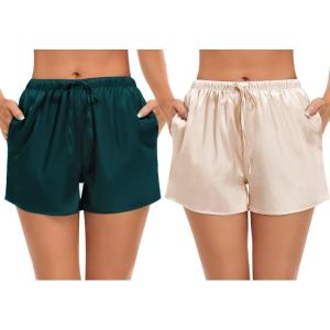SWOMOG Women’s Silk Stain Pajama Shorts Pj Bottoms with Pockets Drawstring Sleep Shorts Boxer Soft Lounge Shorts(Deep Green/Champagne)