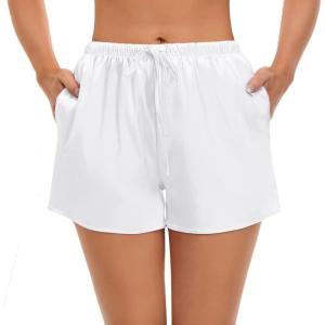 SWOMOG Women’s Silk Stain Pajama Shorts Pj Bottoms with Pockets Drawstring Sleep Shorts Boxer Soft Lounge Shorts(White)