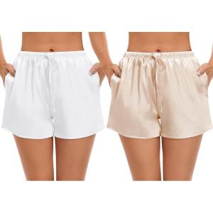 SWOMOG Women’s Silk Stain Pajama Shorts Pj Bottoms with Pockets Drawstring Sleep Shorts Boxer Soft Lounge Shorts(White/Champagne)