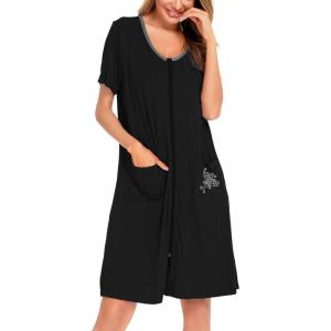 SWOMOG Women’s Zip Up Housecoat Zipper Front Robe Lightweight Bathrobe Short Sleeve Loungewear Nightgowns with Pockets(Black)