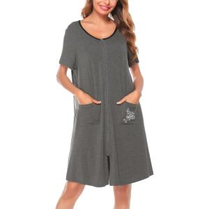 SWOMOG Women’s Zip Up Housecoat Zipper Front Robe Lightweight Bathrobe Short Sleeve Loungewear Nightgowns with Pockets(Flecking Gray)