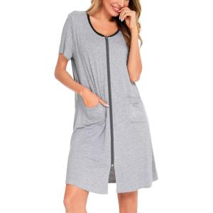 SWOMOG Women’s Zip Up Housecoat Zipper Front Robe Lightweight Bathrobe Short Sleeve Loungewear Nightgowns with Pockets(Grey)
