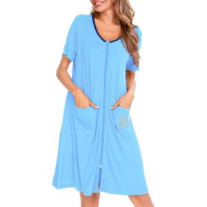 SWOMOG Women’s Zip Up Housecoat Zipper Front Robe Lightweight Bathrobe Short Sleeve Loungewear Nightgowns with Pockets(Light Blue)