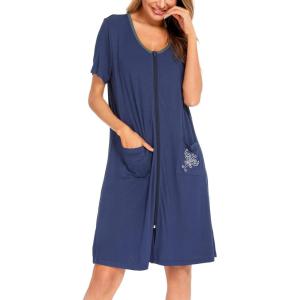 SWOMOG Women’s Zip Up Housecoat Zipper Front Robe Lightweight Bathrobe Short Sleeve Loungewear Nightgowns with Pockets(Navy Blue)