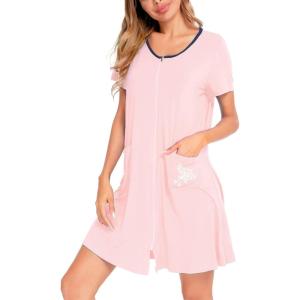 SWOMOG Women’s Zip Up Housecoat Zipper Front Robe Lightweight Bathrobe Short Sleeve Loungewear Nightgowns with Pockets(Pink)
