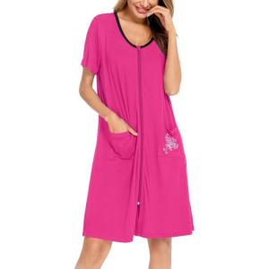 SWOMOG Women’s Zip Up Housecoat Zipper Front Robe Lightweight Bathrobe Short Sleeve Loungewear Nightgowns with Pockets(Rose Pink)