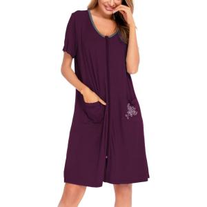 SWOMOG Women’s Zip Up Housecoat Zipper Front Robe Lightweight Bathrobe Short Sleeve Loungewear Nightgowns with Pockets(Wineberry)