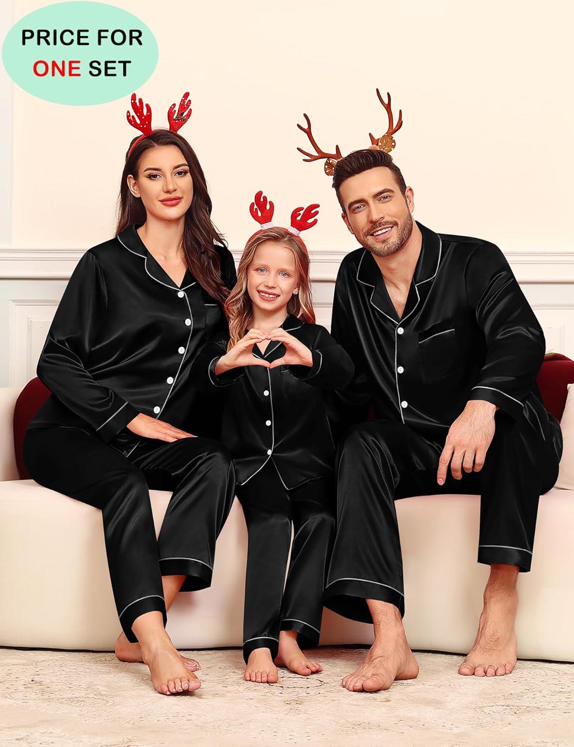 imageSWOMOG Family Matching Pajamas Set Satin Long Sleeve Button Down 2 PCS Pjs Pajama Top amp Pants Holiday Sleepwear SetBlack
