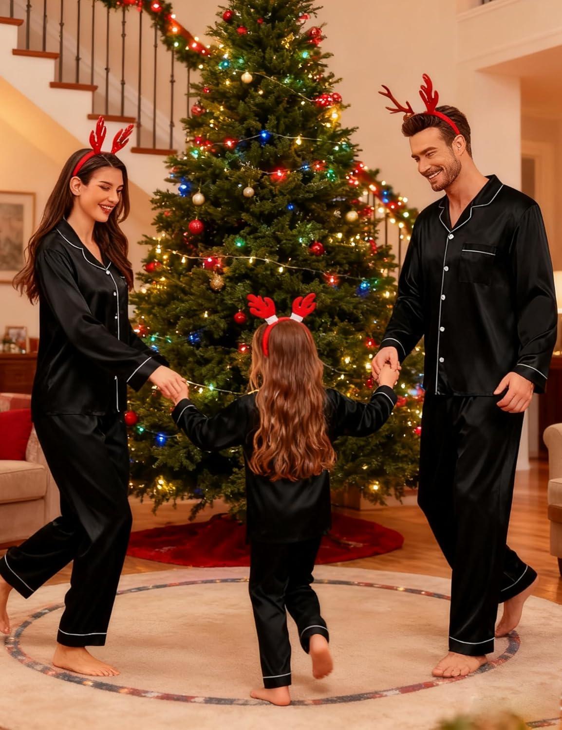 imageSWOMOG Family Matching Pajamas Set Satin Long Sleeve Button Down 2 PCS Pjs Pajama Top amp Pants Holiday Sleepwear SetBlack