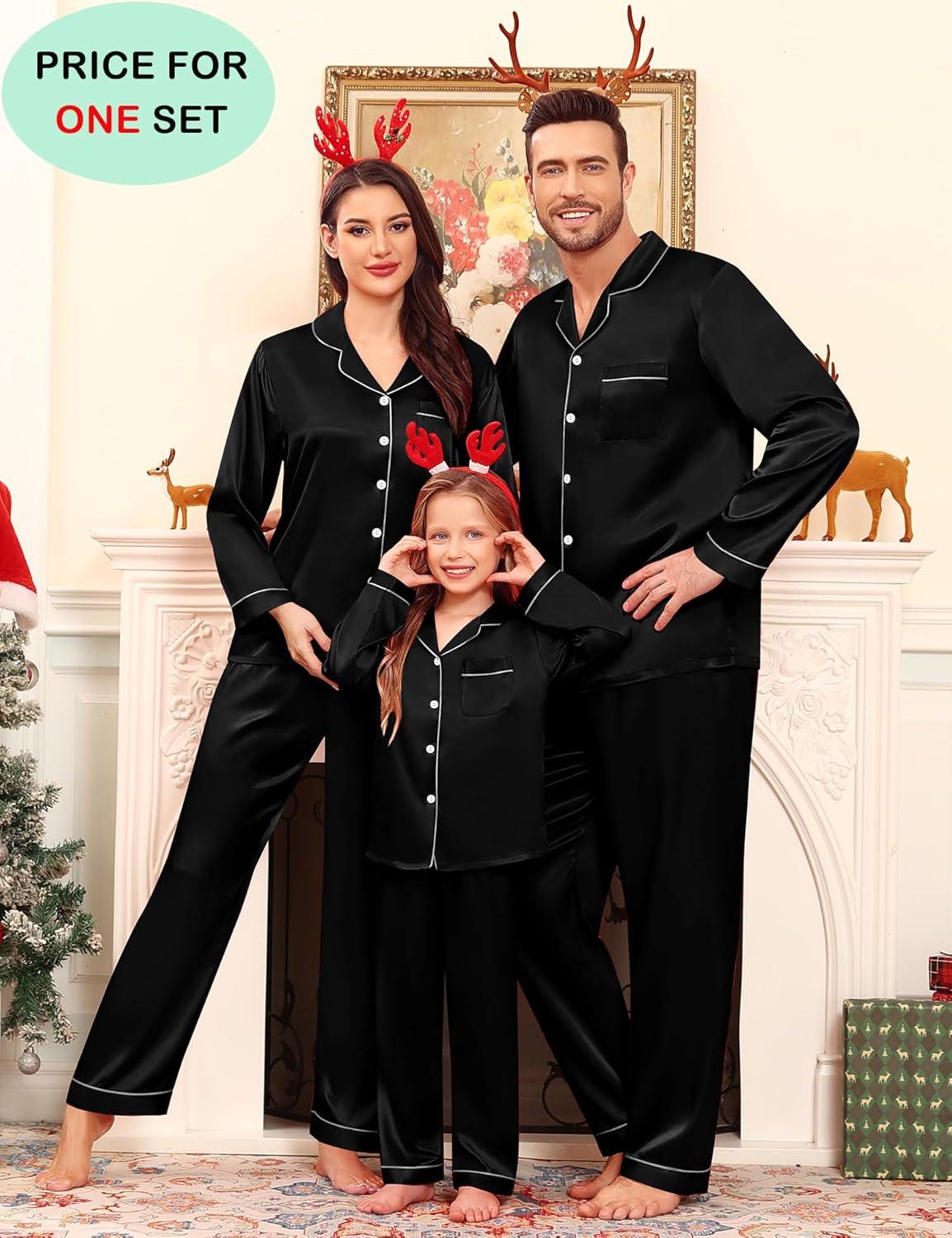 imageSWOMOG Family Matching Pajamas Set Satin Long Sleeve Button Down 2 PCS Pjs Pajama Top amp Pants Holiday Sleepwear SetBlack
