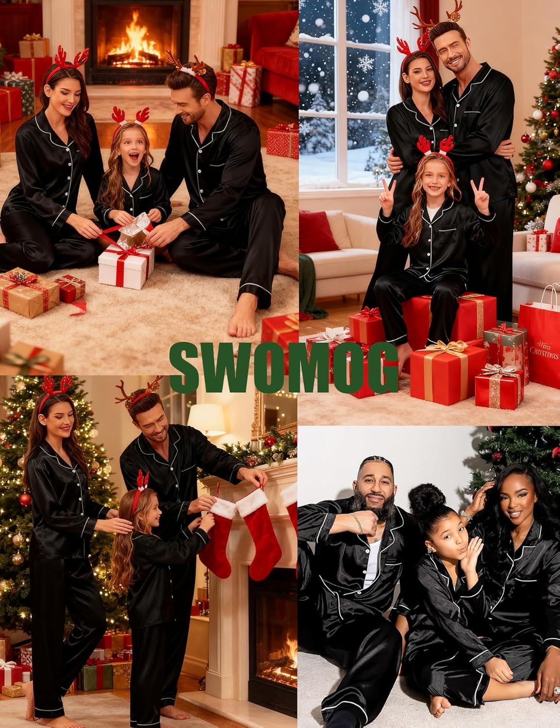 imageSWOMOG Family Matching Pajamas Set Satin Long Sleeve Button Down 2 PCS Pjs Pajama Top amp Pants Holiday Sleepwear SetBlack